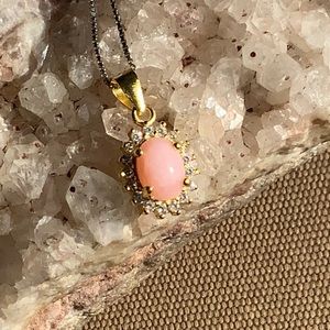 PINK OPAL & CUBIC ZIRCONIA ROSE GOLD PLATE OVER 925 STERLING SILVER NECKLACE